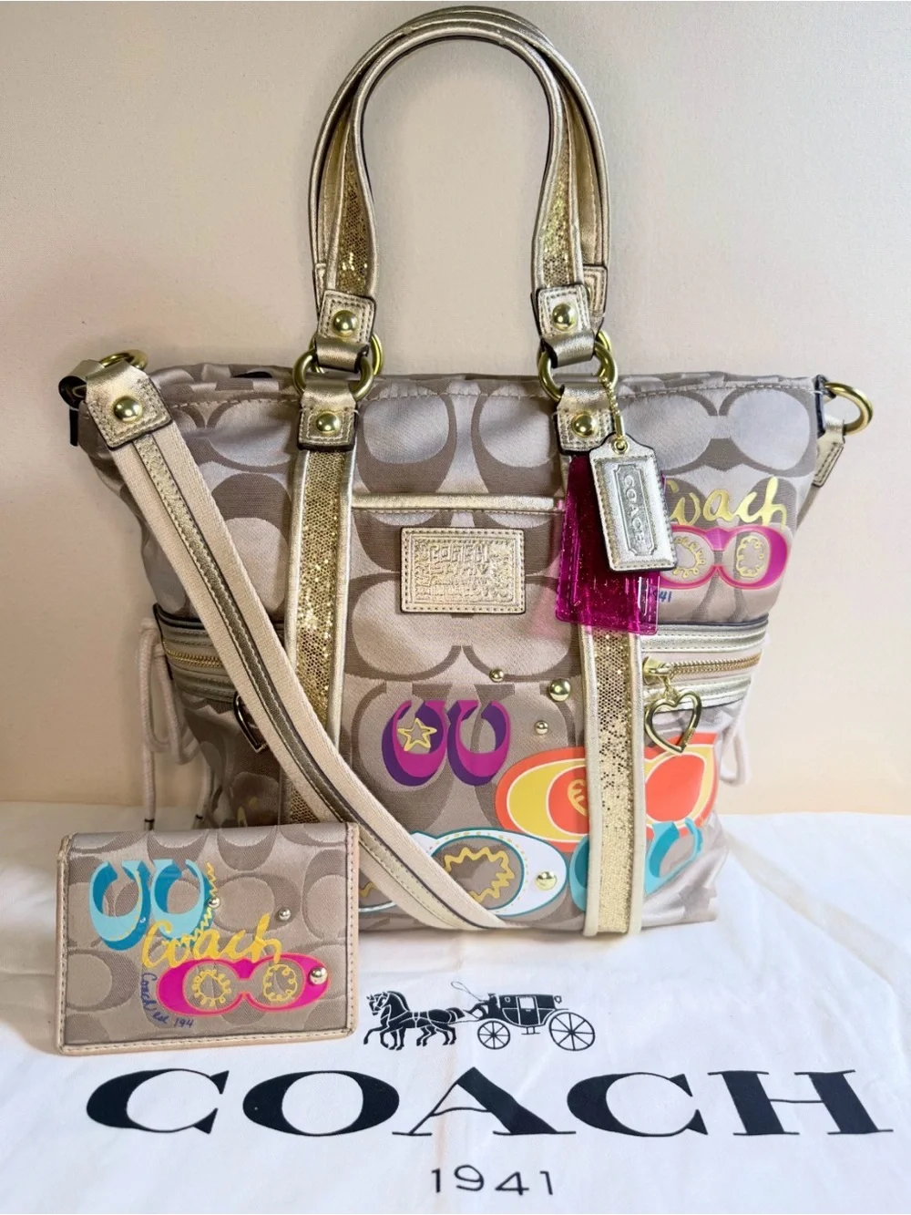 Coach Poppy Multicolor Graphic Satchel & Wallet Set – EUC + Hangtags & Dust Bag